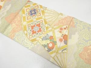 扇に格天井・華紋・花丸模様織り出し　袋帯